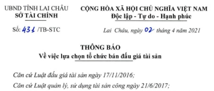 Thông báo về việc lựa chọn tổ chức bán đấu giá tài sản