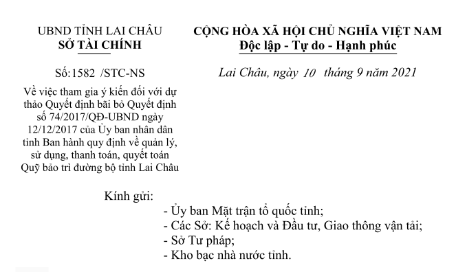 Tham gia ý kiến đối với dự thảo Quyết định bãi bỏ Quyết định số 74/2017/QĐ-UBND ngày 12/12/2017 của Ủy ban nhân dân tỉnh Lai Châu