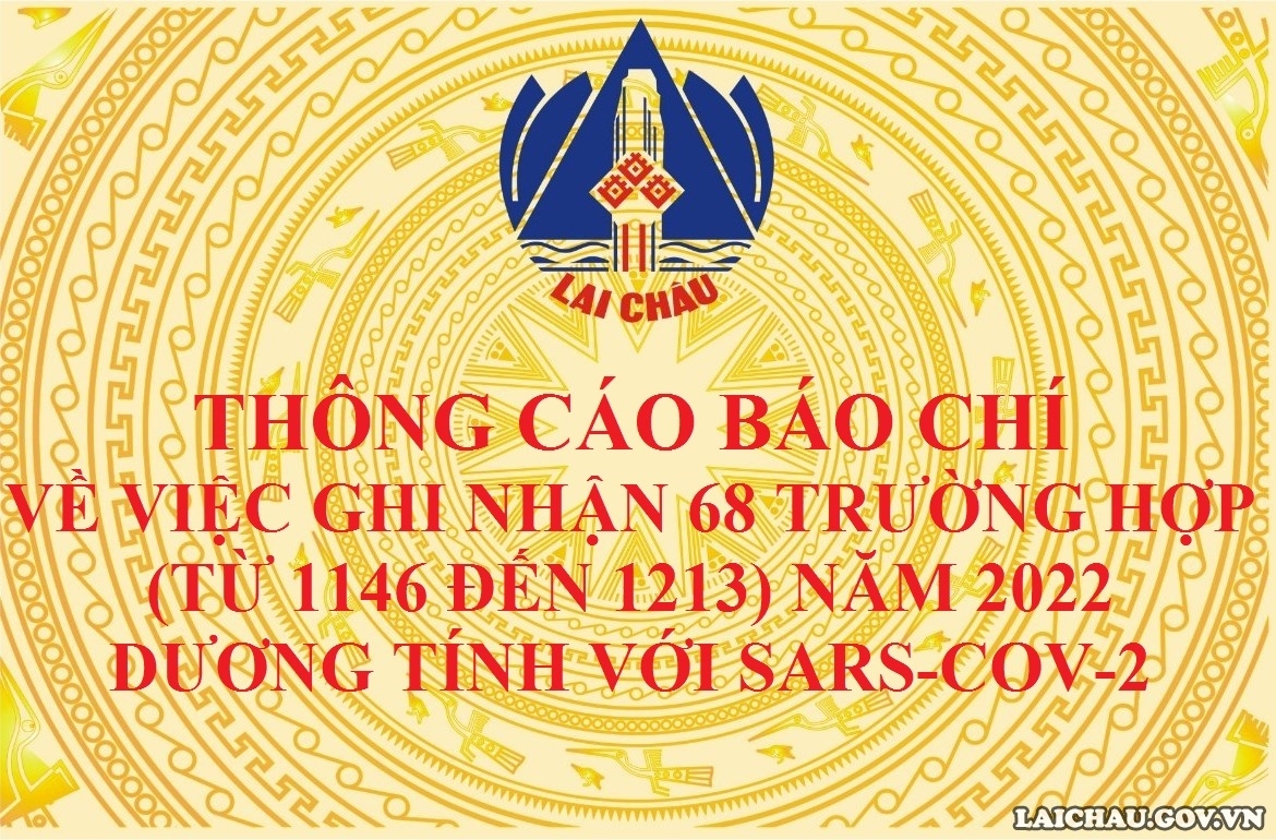 THÔNG CÁO BÁO CHÍ VỀ VIỆC GHI NHẬN 68 TRƯỜNG HỢP  (TỪ 1146 ĐẾN 1213) NĂM 2022  DƯƠNG TÍNH VỚI SARS-COV-2